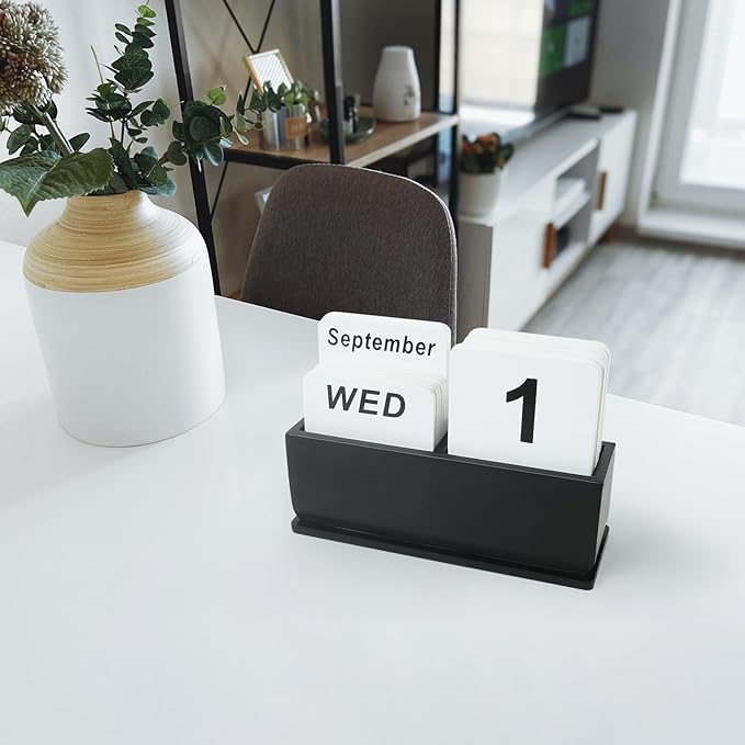 Wooden Block Perpetual Calendar for Desk, Daily Desktop Standing Flip Calendar with Large Display, Modern Farmhouse Aesthetic Desk Accessories for Home Office Decor, Reusable Yearly, Black