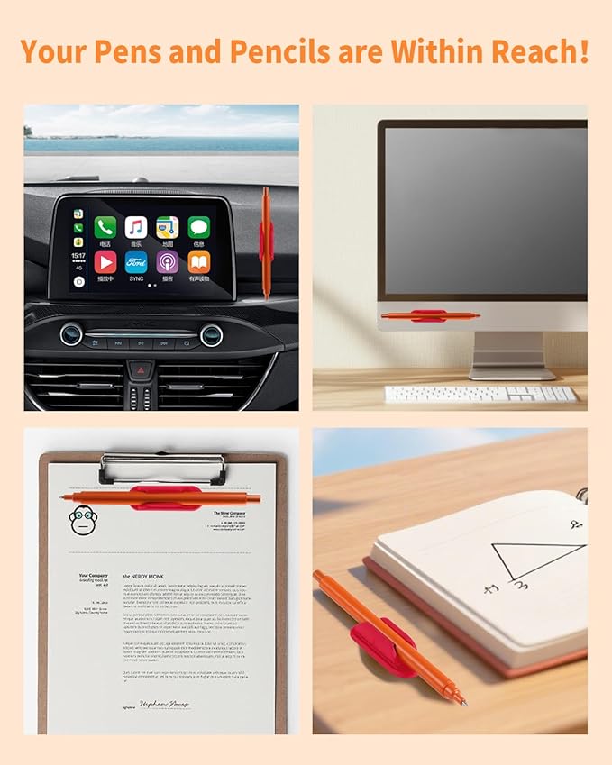 Adhesive Pencil Holders for Desk Set of 10 - Silicone Pen Holder with 15 PCS Upgraded Adhesive Pads - Flexible Pencil Holder for Walls Clipboards, Office Essentials Accessories Teacher Supplies