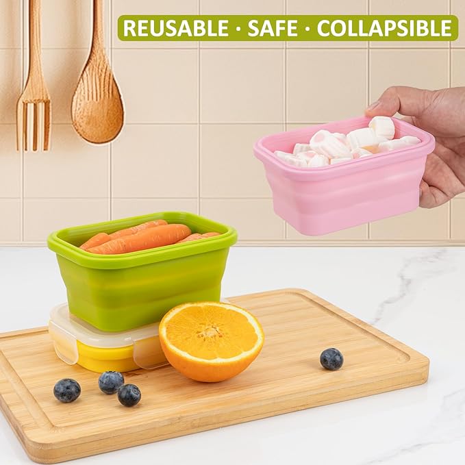 Reusable Silicone Snack Containers with Lids, 14oz, Small Collapsible Food Storage Containers for Meal Lunch Small Portion, Stackable, Space Saver for RV, Travel, Microwave Dishwasher Safe, 6 Pack