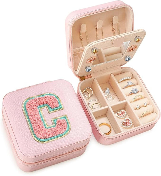 SANDJEST Personalized Jewelry Box, Pink Travel Jewelry Box with Initial C, Small Monogrammed Jewelry Case Organizer for Girls Women Teen Kids, Mini Travel Essentials Gifts for Birthday Christmas
