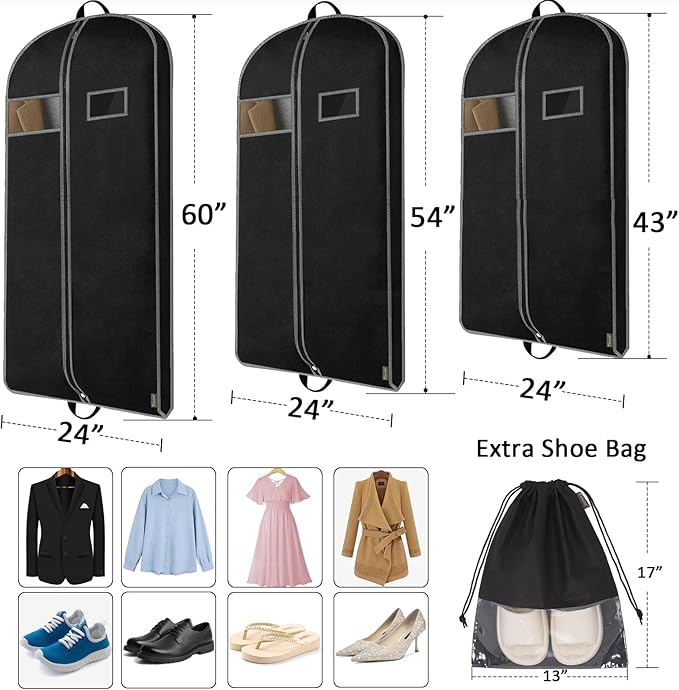 BALEINE 5PK Heavy Duty Garment Bag with Shoe Storage Travel Bag for Dresses, Suit, Coats Travel Essential (54", Black)