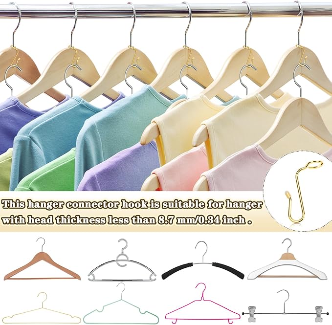 50 Pieces Hanger Connector Hooks, Metal Hanger Extender Hooks, Stable Clothes Hangers Connector for Different Clothes Hangers, 8.7 mm/0.35 Inch Hole Diameter, Gold