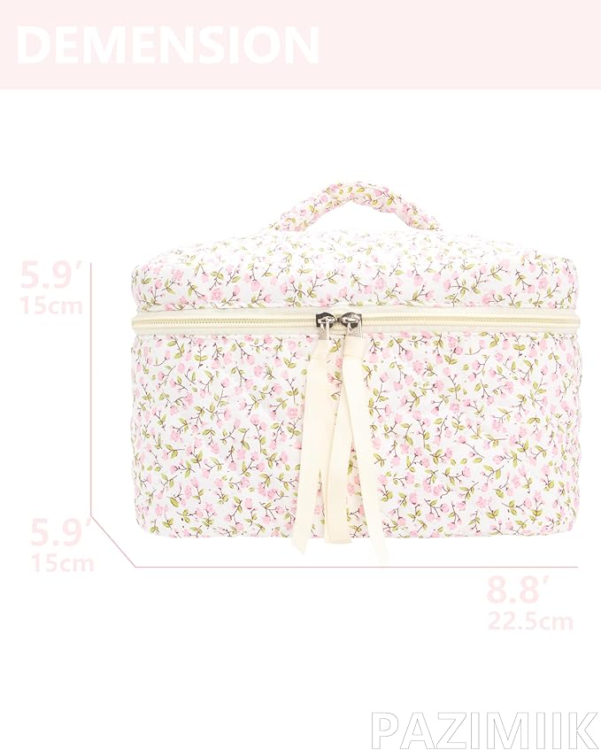 Quilted Makeup Bag Large Travel Zipper Soft Cosmetic Case for Women Girls Make Up, Floral Pink