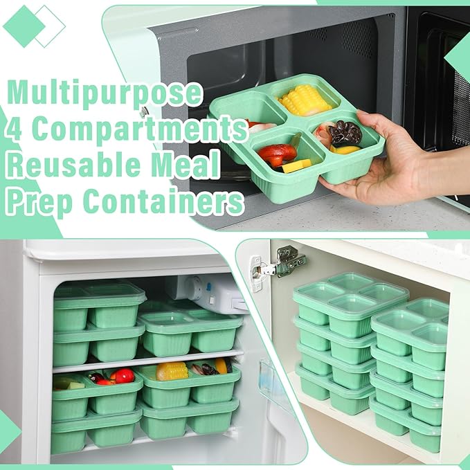 12 Pcs 4 Divided Compartments Snack Containers Bento Wheat Straw Snack Box with Lid Reusable Meal Prep Lunch Box Food Storage Containers for Adults Christmas Travel Work Gifts(Green)