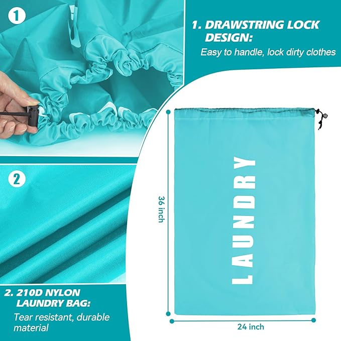 Isink Laundry Bag, 2 Pack Travel Laundry Bags for Dirty Clothes, Large Laundry Bags for Camping & Traveling, Dirty Clothes Travel Bag, 24" x 36" (Cyan + Gray)