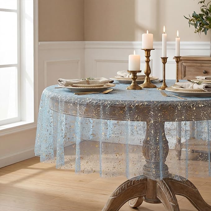 Horaldaily Light Blue Gold Gauze Tablecloth 60x60 Inch Round, Light Blue Sequin Glitter Metallic Foil, Sheer Tulle Cheesecloth for Wedding Baby Shower Ceremony Birthday