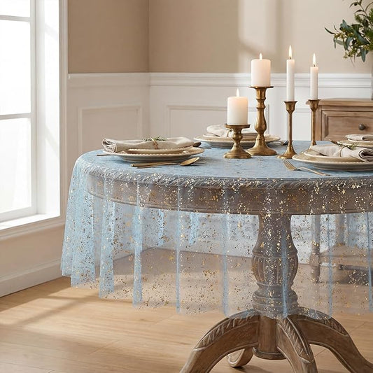 Horaldaily Blue Gold Gauze Tablecloth 60x60 Inch Round, Golden Sequin Glitter Metallic Foil, Sheer Tulle Cheesecloth for Wedding Baby Shower Ceremony Birthday