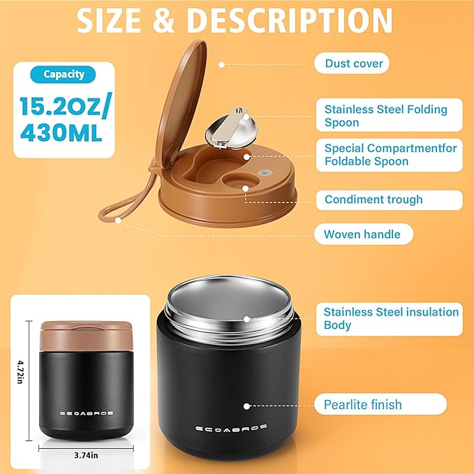 Kids Thermo Food Jar for Hot Food, 15.2 oz Vacuum Insulated Hot & Cold Lunch Container with 316 Stainless Steel Interior, Wide Mouth Soup Jar for School (Black)