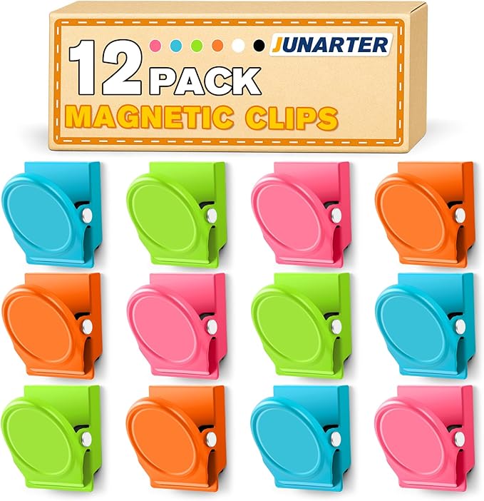 12 Pack Magnetic Clips Heavy Duty, Colorful Magnet Clips for Fridge, Refrigerator Magnets, Strong Magnetic Clip, Scratch Free Magnets with Clip for Whiteboard, Refrigerator, Cruise, Locker
