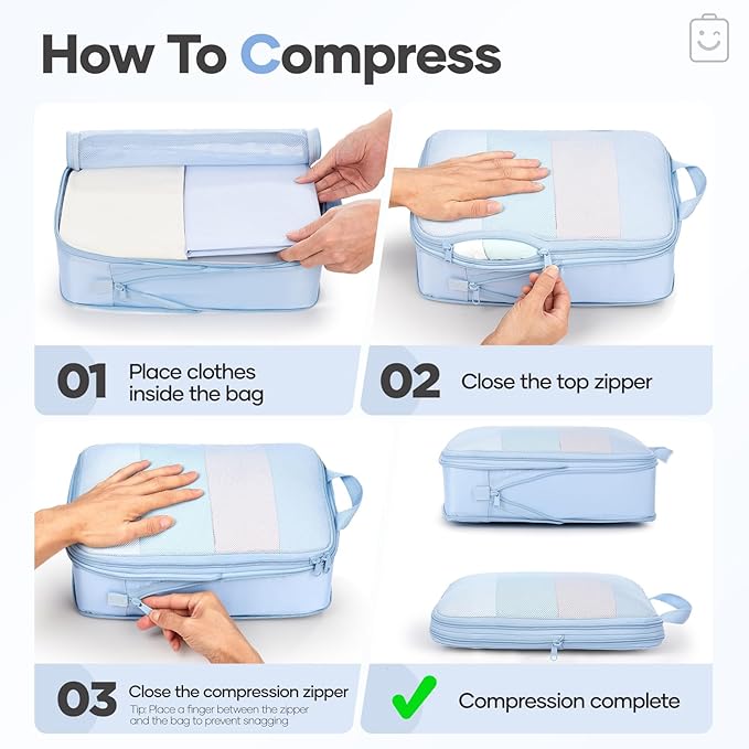 Veken 9/11 Set Compression Packing Cubes for Travel Essentials, Compressible Expandable Large Luggage Suitcase Organizer Bags for Clothing, Durable Space Saver Storage Bags (Light Blue)