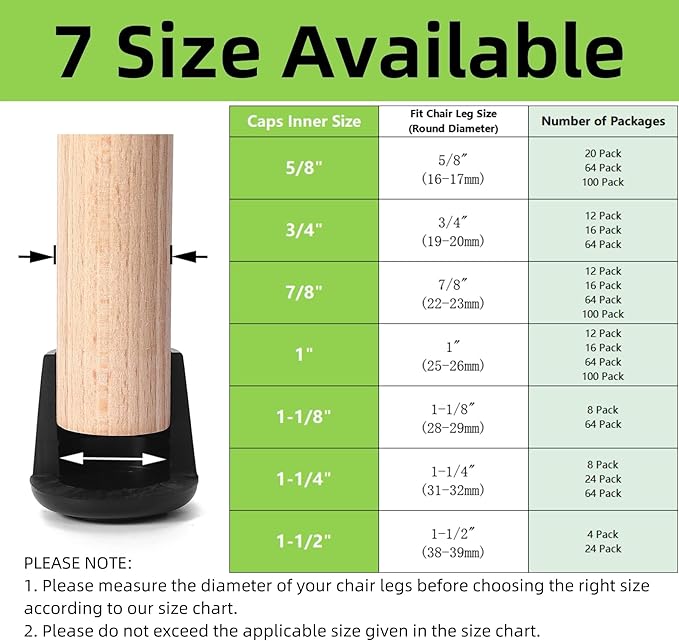 Chair Leg Tips Caps-Non Slip Rubber Leg Tips 1-1/4” Inner Diameter, Furnigear Chair Leg Floor Protectors Round Black-24 Pack