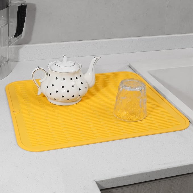 MicoYang Silicone Dish Drying Mat for Multiple Usage,Easy clean,Eco-friendly,Heat-resistant Silicone Mat for Kitchen Counter or Sink,Refrigerator or Drawer Liner Yellow XL 18 inches x 16 inches