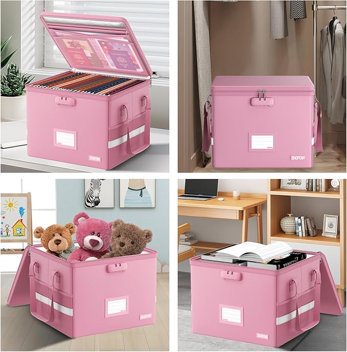 ENGPOW 5200°F File Box Fireproof Document Box with Lock, Heat Insulated Collapsible File Storage Organizer Box with Handle, Portable Home Office File Cabinet for Hanging Letter/Legal Size Folder, Pink
