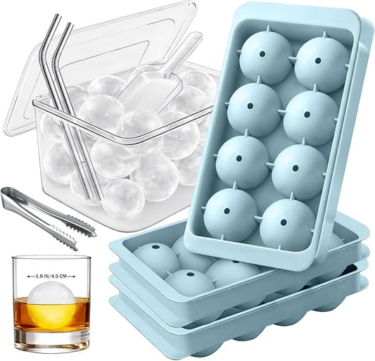 1.8in Large Ice Cube Molds - Big Round Whiskey Ice Trays for Freezer with Bucket, Scoop, Tongs, 2 Straws - Easy to Fill & Release, Bourbon Cocktail (3 pack, 8 Balls)