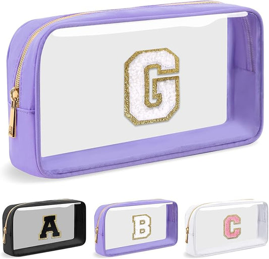 Personalized Initial Letter Clear Makeup Bag, Preppy Small Nylon & PVC Cosmetic Zipper Bag with Chenille Letter, Travel Skincare Toiletry Bag, Monogram Christmas Gift for Teen Girls Women, G