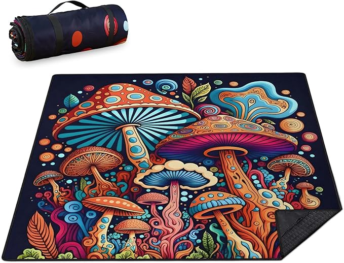 Mushroom Picnic Blankets Waterproof Foldable Picnic Outdoor Blanket 80"x 80" Picnic Mat 3-Layer Thicking Outdoor Foldable Blankets Sandproof Lightweight Beach Blankets with Strap Machine Washable