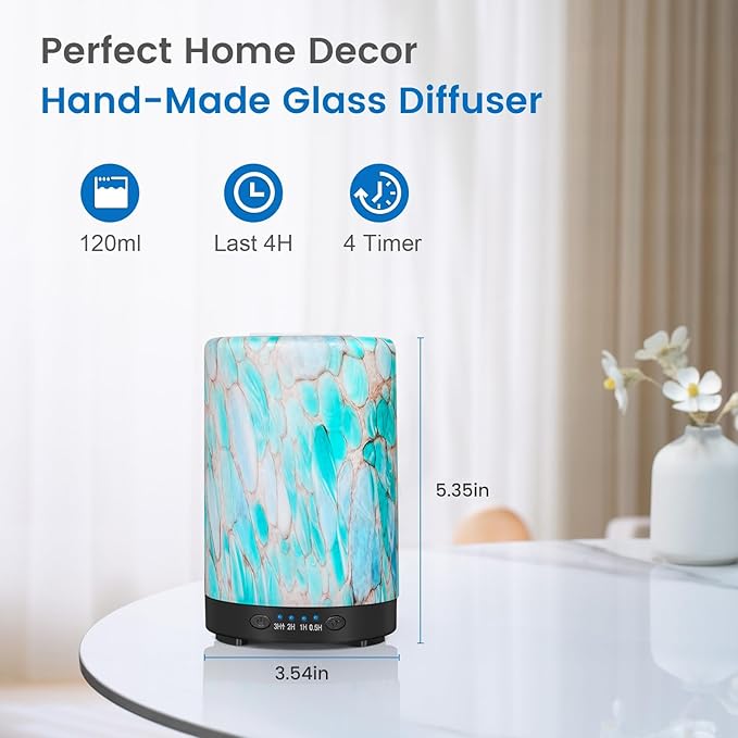 Essential Oil Diffuser, 120 ml Glass Aromatherapy Diffuser with 7 Color Lights, Auto Shut-Off and 4 Timer Settings, Ultrasonic Cool Mist Diffuser for Home Room Office (Blue Mountain)