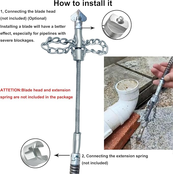 Flex-Shaft Sewer Descaling Chain, 16mm Drill-Powered Drain Cleaner, Hardened Steel Pipe Unclogger for Kitchen Sink, Bathtub, Toilet & Shower Drain, Reusable Pipeline Maintenance Tool