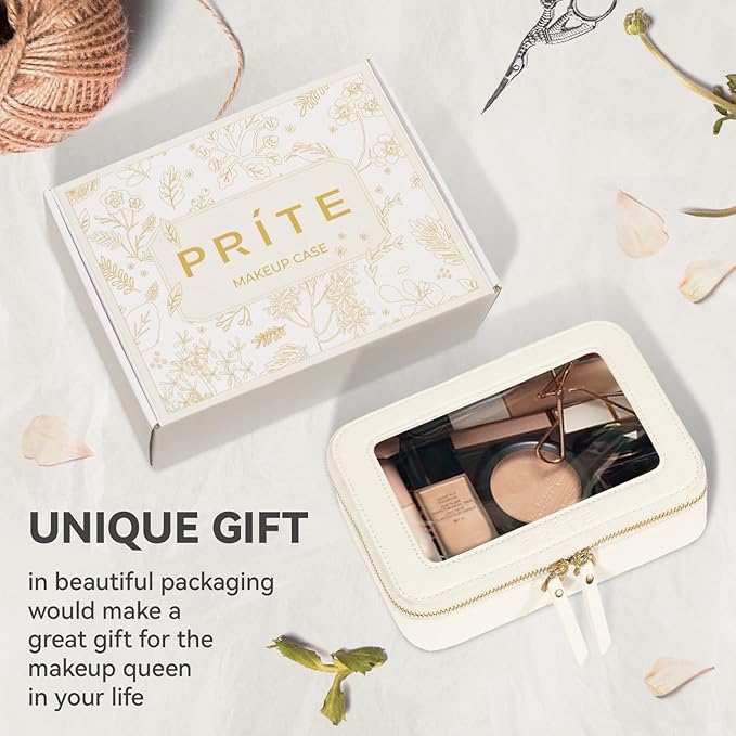 Prite Clear Makeup Bag Cosmetic Organizer Case Waterproof Travel Toiletry Bag Skincare Pouch with Golden Zipper (Beige)