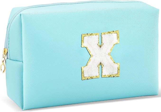 Gifts for Girls Initial Makeup Bag Personalized Cosmetic Bag with Zipper Cute Travel Toiletry Bag Waterproof PU Preppy Makeup Pouch Birthday Gift for Teen Girls Women(Blue X)
