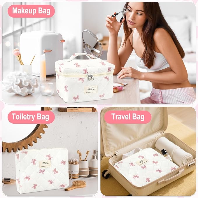 3Pcs Cotton Quilted Makeup Bag for Women Extra Large Coquette Small Floral Travel Cosmetic Bag Set Aesthetic Cute Bow Makeup Pouch Portable Toiletry Bag Puffy Essential Storage Organizer