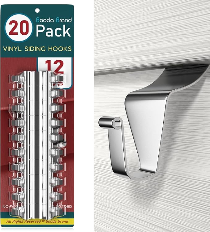 Booda Brand Vinyl Siding Hooks (20 PCS), Heavy-Duty Stainless Steel Siding Hooks Vinyl Siding Hangers, Low Profile & No Holes Needed Siding Clips for Hanging Wreaths, Welcome Signs, String Lights