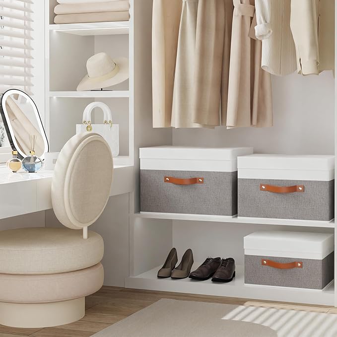 YheenLf Fabric Storage Bin, Storage Basket with Lids, Closet Organizer Box with Handles for Shoes Books Towels, White and Grey, 1 Pack, 13 x 9.1 x 7.9 Inch
