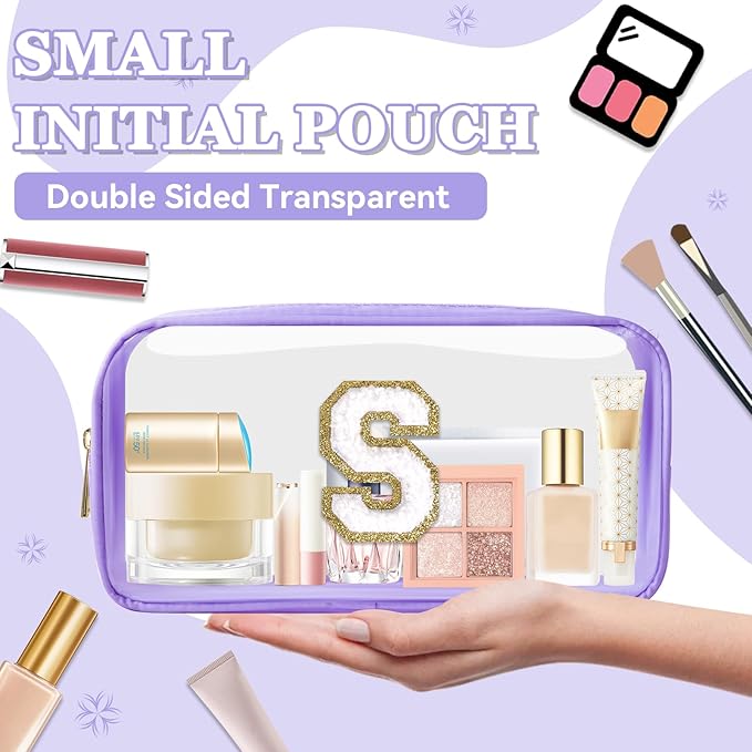 Small Clear Personalized Initial Makeup Bag,Nylon Preppy A-Z Chenille Letter Patch Cosmetic Pouch Beach Toiletry Bag,Waterproof Zip Travel Purse Storage Bag Organizer for Women Girls(Purple-White S)