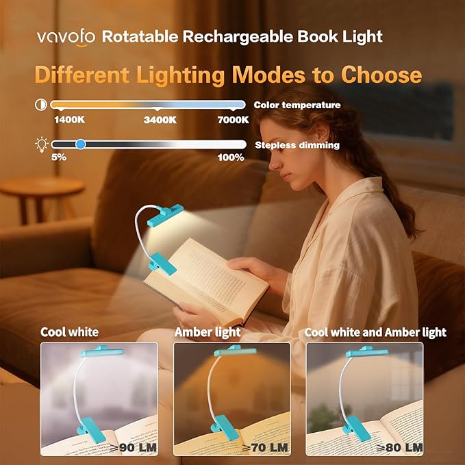 VAVOFO Rechargeable Book Light Rotatable：24 LEDs Reading Light, 3-Color & 9-Brightness Book Lamp, Eye Cared 120Hrs Runtime Lightweight Clip on Led Light for Book Lovers (Blue)