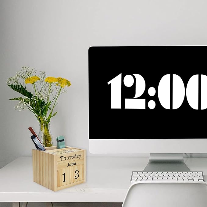 Wooden Blocks Perpetual Calendar with Pen Holder - Natural Pine Wood Home Office Desk Organizer -Reusable Date Week Month Accessories Tabletop Ornament
