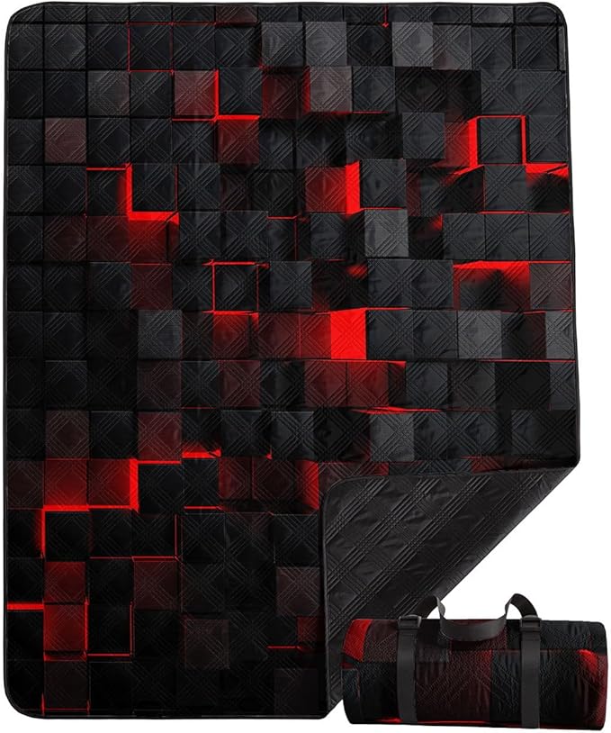 Outdoor Picnic Blanket Portable Ultrasonic Waterproof Picnic Black Red Stereoscopic Square Printed Camping Beach Mat for Sand and Wet Grass Hiking (Black Red Square S