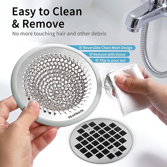 TRAPMATE Shower Drain Cover, 2PCS Prevent Clogging Shower Drain Hair Catcher, Non-Slip Stainless Steel Drain Protector, Patented Bathroom Accessory for US Standard Flat Drains of Bathroom