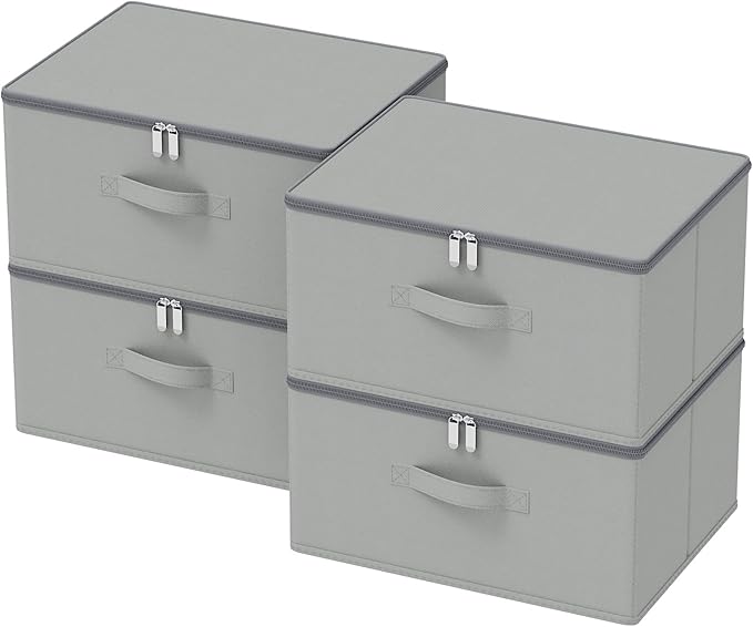 Storage Bins with Zipper, Cube Organizer Basket with Lid, Collapsible Stackable Closet Boxes, for Home and Bedroom, 4 Pack, Grey, 15.7 x 11.8 x 7.9 In, XSNY16GL-4