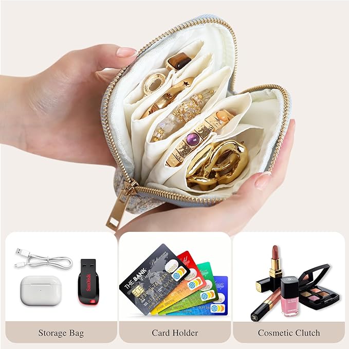 Stratalife Travel Jewelry Case Organizer for Women Portable Jewelry Box with Small Pouches for Gemstones Healing Crystal Bracelets, Necklace Bangles Storage, Pendants Ring Holder Zipper, Quilted Blue