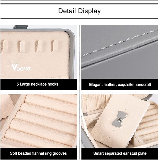 Voova Small Jewelry Organizer Box, Travel Jewelry Case for Women Teen Girls, Mini PU Leather Portable Jewellery Storage Boxes Holder with Smart Earrings Plate for Necklaces Rings Bracelets, Grey