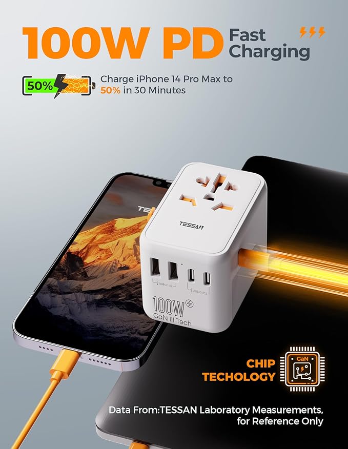TESSAN Universal Travel Adapter 100W GaN, International Power Adapter with 5 USB (3 USB C) Charging Ports, Worldwide Outlet for US to European Europe UK AUS Ireland (Type C/G/A/I)