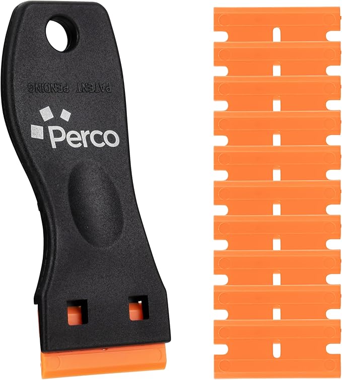 Perco Plastic Razor Blade Scraper with 10 Extra Plastic Blades – No-Scratch Adhesive & Sticker Remover Tool for Labels, Decals & Glue Residue – Safe Scraper for Glass, Windows & Car Surfaces