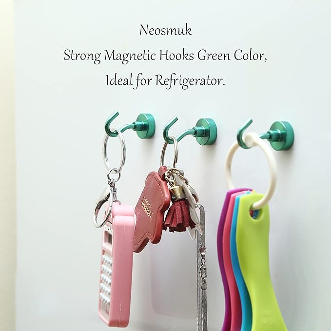 Neosmuk Magnetic Hooks, Heavy Duty 30lb+ Strong Magnet Hook for Cruise Cabins, Cruise Ship Essentials for Hanging, Metal Wall Refrigerator Hangers (Green, 15 Pack)