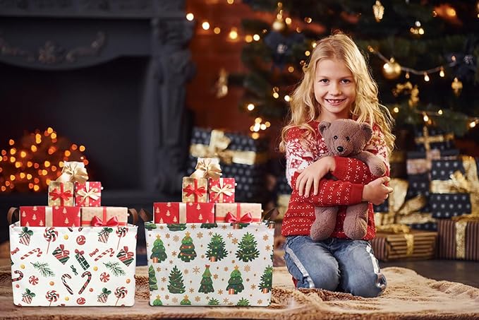 Rectangle Christmas Basket,Candy Storage Basket with Handles,Kids Gift Storage Box,Cute Canvas Organizer Bin for Pet,Books Basket,Toys Bin,Gift Baskets(Christmas Tree)