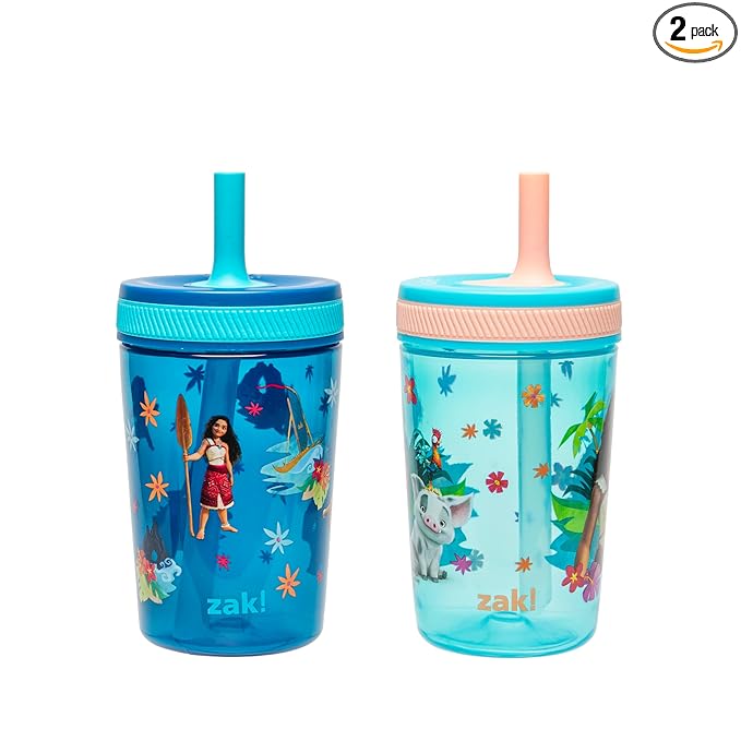 Zak Designs Disney Moana 2 Kelso Toddler Cups For Travel or At Home, 15oz 2-Pack Durable Plastic Sippy Cups With Leak-Proof Design is Perfect For Kids (Moana, Maui, Simea)