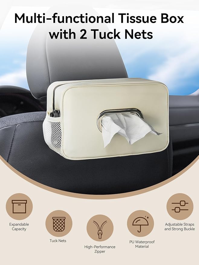 Multi-Functional Car Tissue Holder with 2 Storage Nets, Upgraded PU Leather Tissue Box Cover, Large Rectangle Napkin Organizer, Fits 100-150 Regular Size Tissues, Keeps Car Tidy, Beige