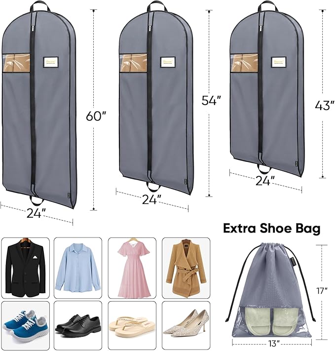 BALEINE 2PK Heavy Duty Garment Bag with Shoe Storage Travel Bag for Dresses, Suit, Coats Travel Essential (60", Grey)
