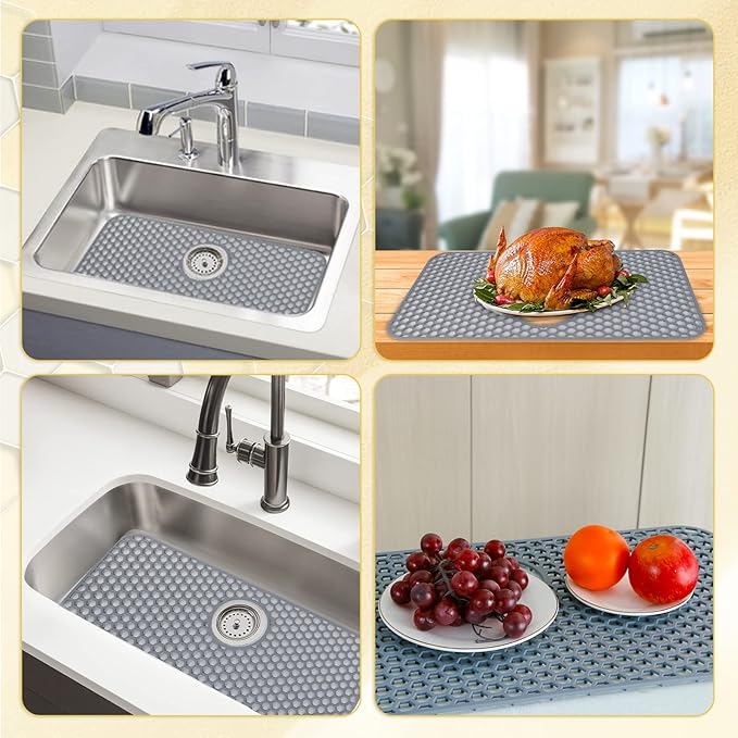 Silicone Sink Protectors for Kitchen Sink with Rear Drain - 26"x 14" Kitchen Protector Accessory, Non-Slip Heat Resistant Grid Mat for Bottom of Farmhous Peorcelain Stainless Steel(Rear Hole)