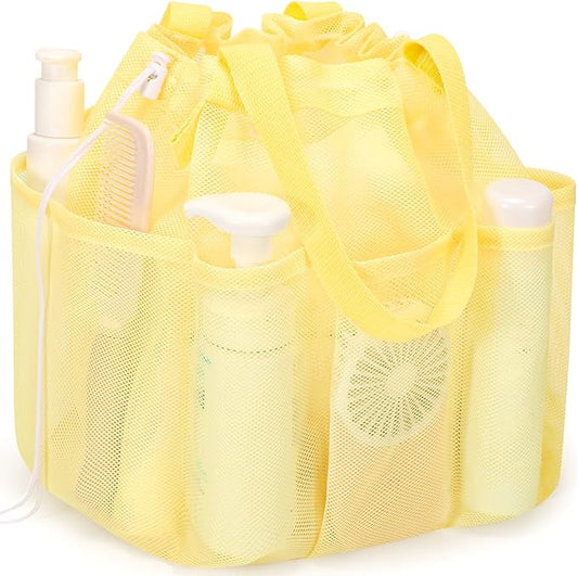 Mesh Shower Caddy Portable with Drawstring, Dorm Room Essentials for College Students Girls & Boys, Large Shower Bag for Camping, Swimming, Gym, Travel, Bathroom - Yellow