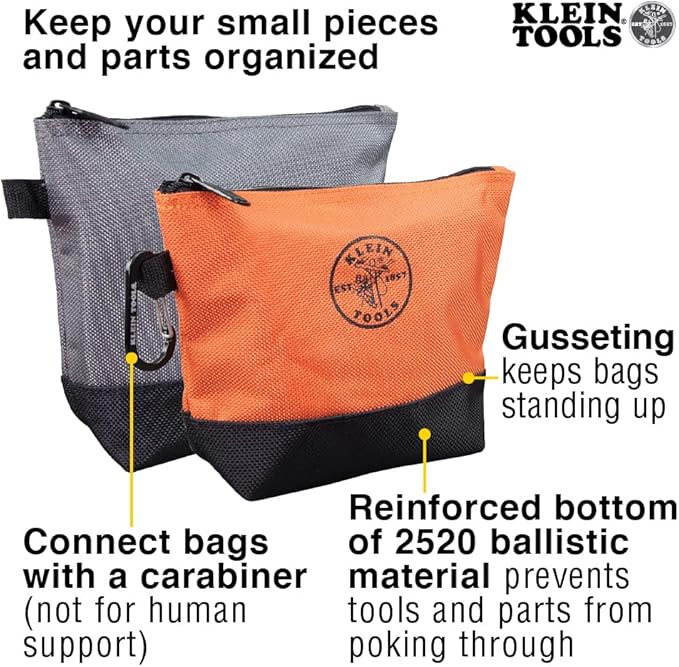 Klein Tools 55470 Utility Bag, Stand-Up Zipper Tool Bags, Tough 1680d Ballistic Weave, Reinforced Bottoms, Orange/Black, Gray/Black, 4-Pack