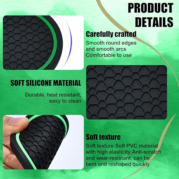4PCS Car Cup Holder Coasters, 2.75 Inch Non-Slip Insert Cup Holder Pad, Dustproof Automotive Interior Accessories Mat, Universal for Trucks, Vehicles, RVs and More (Black/Green)