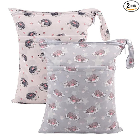 ALVABABY 2pcs Cloth Diaper Wet Dry Bags Waterproof Reusable with Two Zippered Pockets Travel Beach Pool Daycare Soiled Baby Items Yoga Gym Bag for Swimsuits or Wet Clothes LZD2324