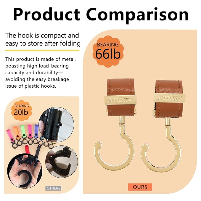 2 Pack Stroller Hooks,Strong Synthetic Leather Hook-and-Loop Fastener&High-Quality Metal Hooks,Universal Bag Clip|360° Rotation, 66lb Capacity,Non-Slip-Fits Wheelchair(Pink-Silver)