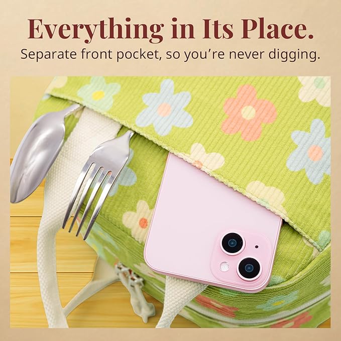 LOVELYWIND Insulated Floral Green Lunch Bag for Women, Corduroy Tote with Aluminum Lining, Large Capacity Reusable Cooler for Work, Travel, Beach or Picnic, Floral Pattern Water-Resistant Lunch Box
