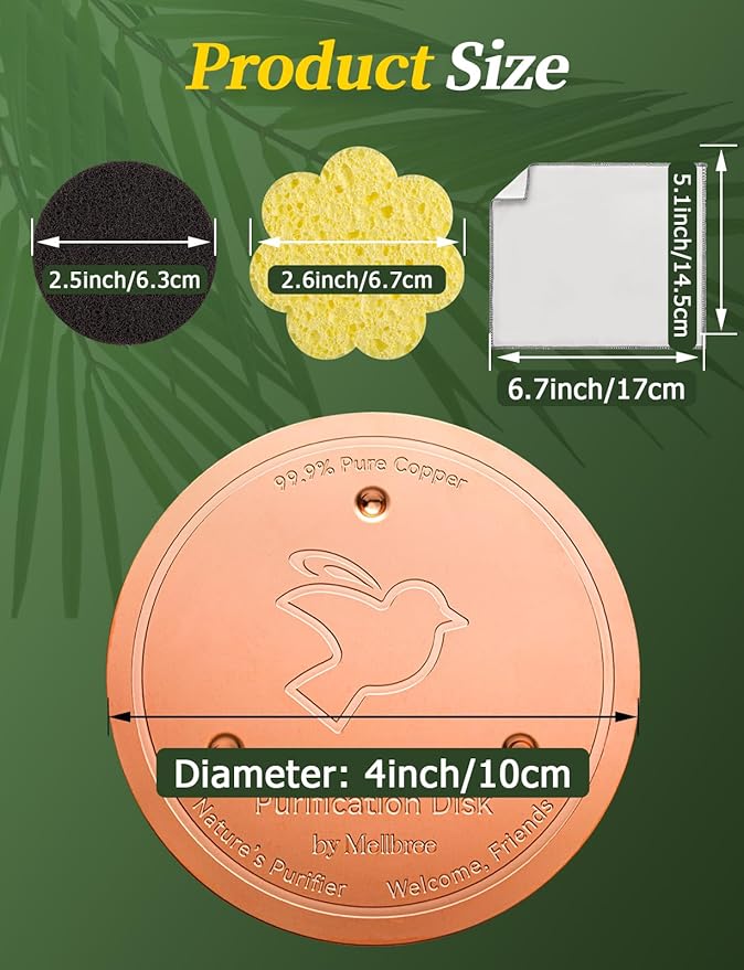 Mellbree Bird Bath Copper Disk & Clean Set, 0.6mm Reinforced 99.99% Pure Copper Cleaning Disk with Cleaning sponges Sandpaper and Microfiber Cloths for Cleaning Bird Baths and Bird Bath Disk